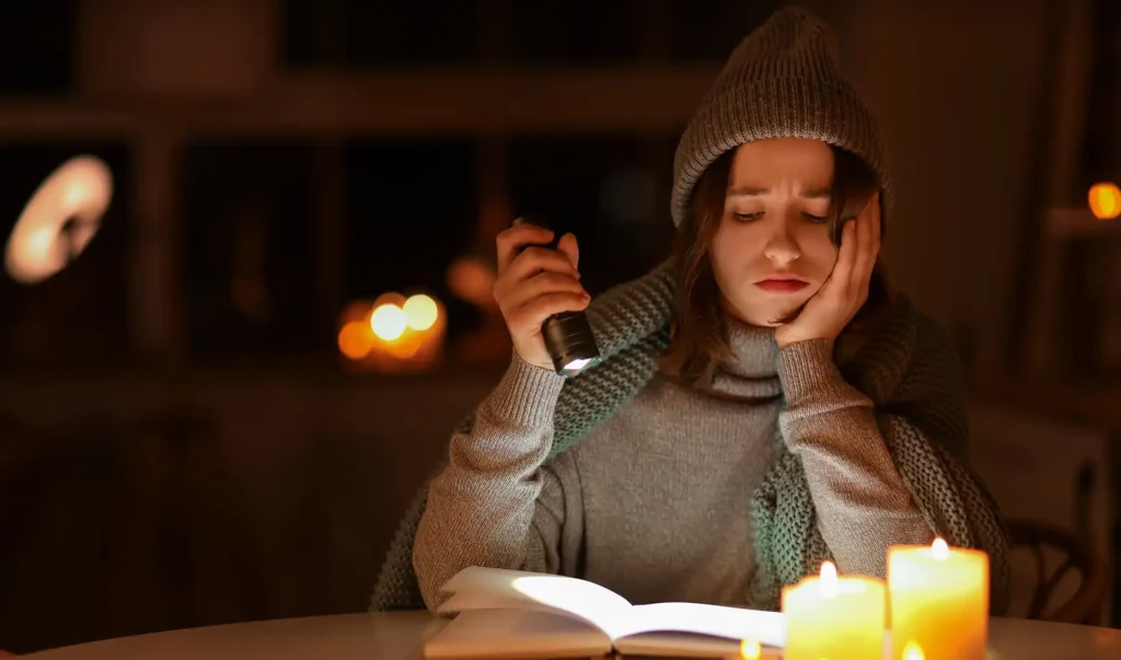 woman reading with flashlight in the dark.